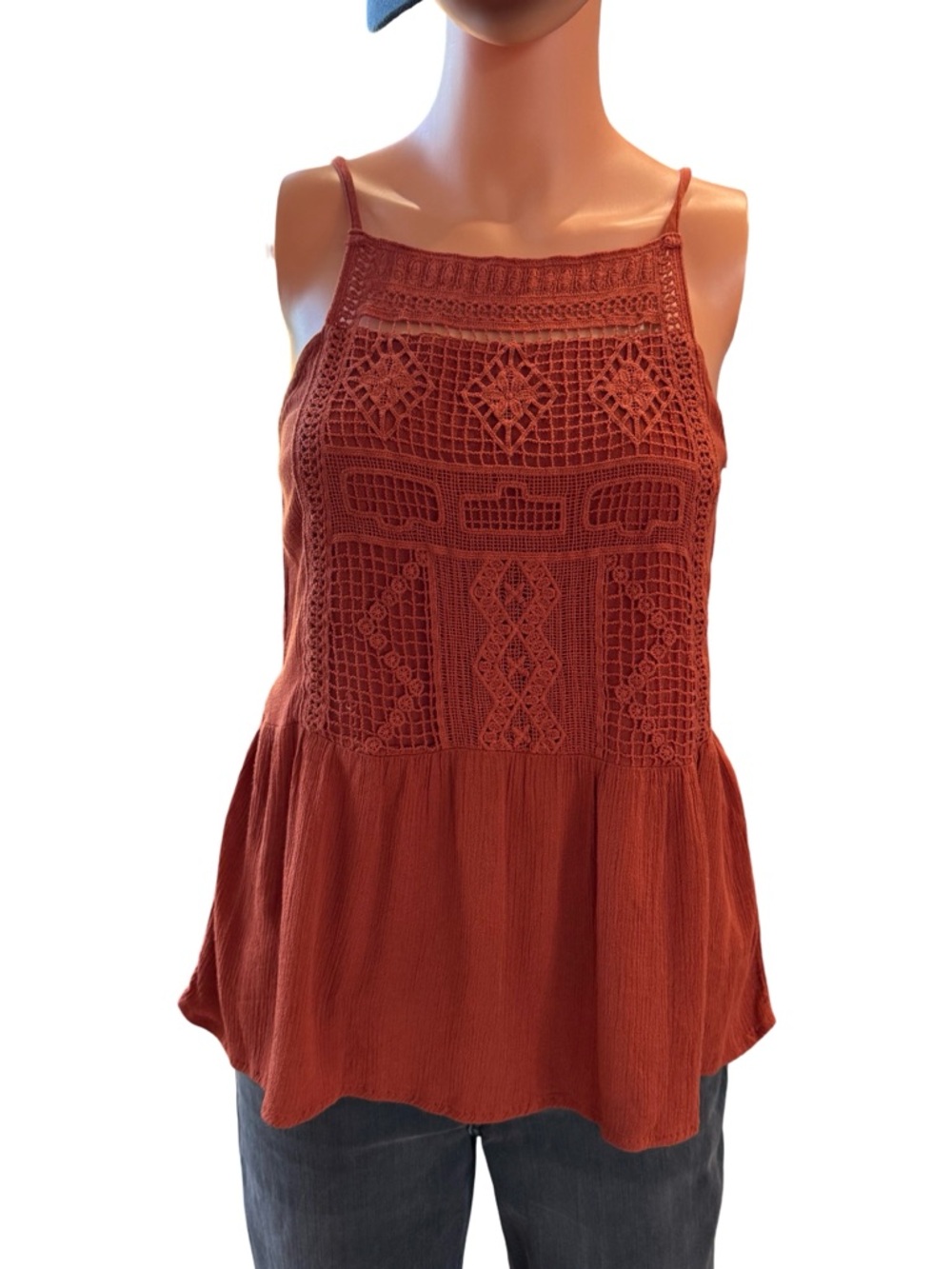 Boho Rust color Crochet Yoke Spaghetti Strap Camisole, with crochet front.
